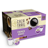 Caza Trail French Roast coffee pods packaging display showcasing bold flavor options for busy mornings.