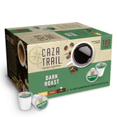 Caza Trail dark roast coffee pods in a 100-pack for quick, consistent mornings