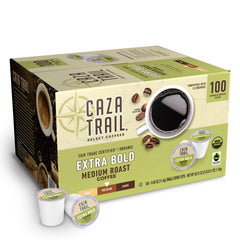 Caza Trail organic extra bold medium roast packaging highlights premium beans for rich mornings