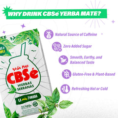 CBSé Yerba Mate Hierbas Serranas brew in cup highlighting natural caffeine for a quick pick-me-up.