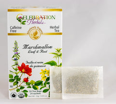 Celebration Herbals Marshmallow Root Tea cup with steam for a calming moment
