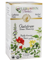 Celebration Herbals Organic Oatstraw Green Flowering Tea packaging close-up for eco-friendly choice.