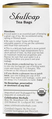 Celebration Herbals organic skullcap tea bags pack, demonstrating easy brewing and quality sourcing.