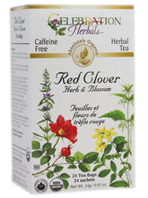 Celebration Herbals red clover tea bags ready for a caffeine-free infusion