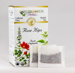 Celebration Herbals Rose Hips Tea bags close-up highlighting organic, caffeine-free blend