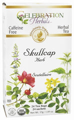 Celebration Herbals skullcap tea bags front packaging, showcasing an organic relaxation blend.