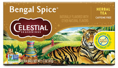 Celestial Seasonings Bengal Spice tea bags in box, convenient caffeine-free chai base.