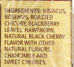 Close-up shows hibiscus and rosehips in the herbal blend.
