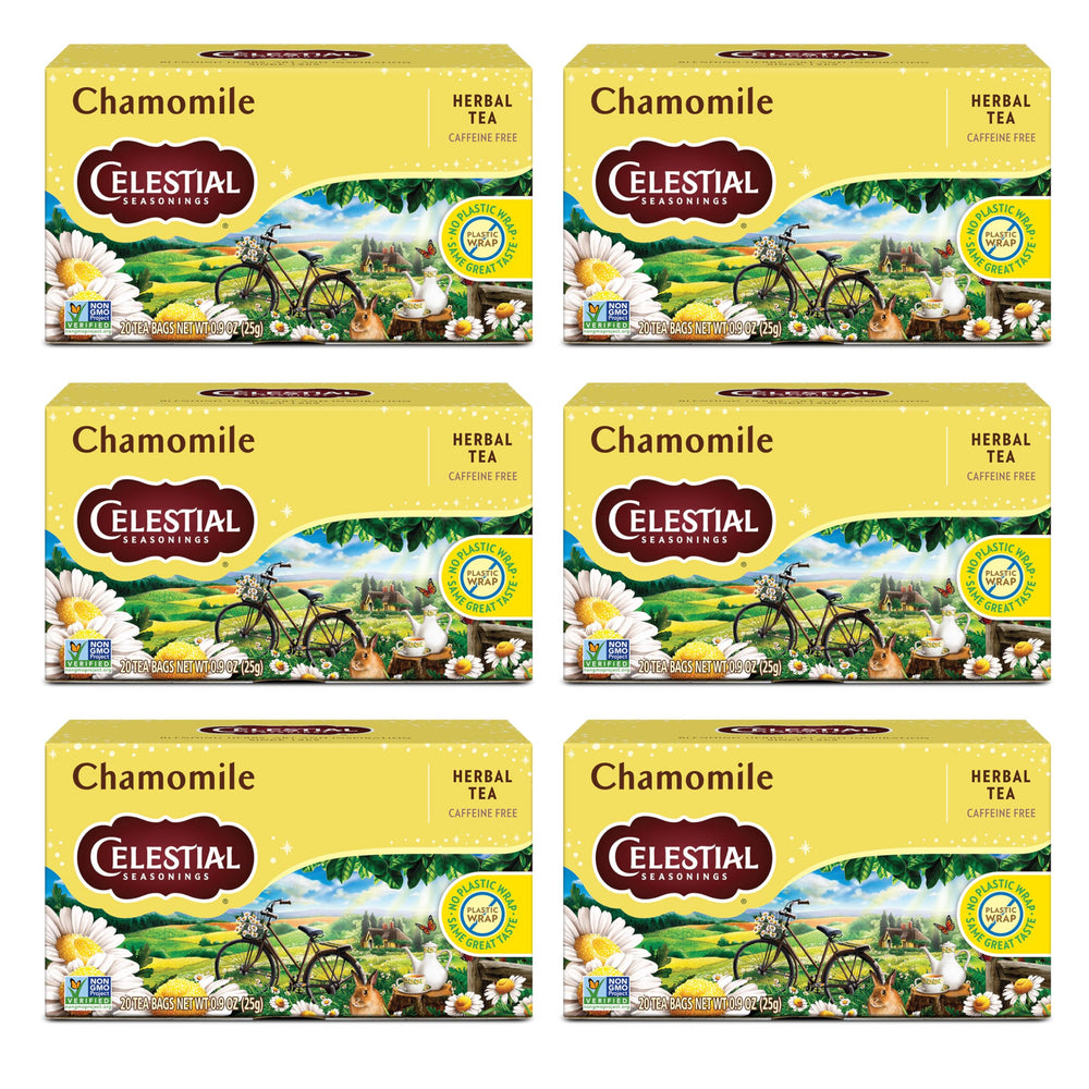 Celestial Seasonings Chamomile tea bags in a box ready to brew for a caffeine free moment