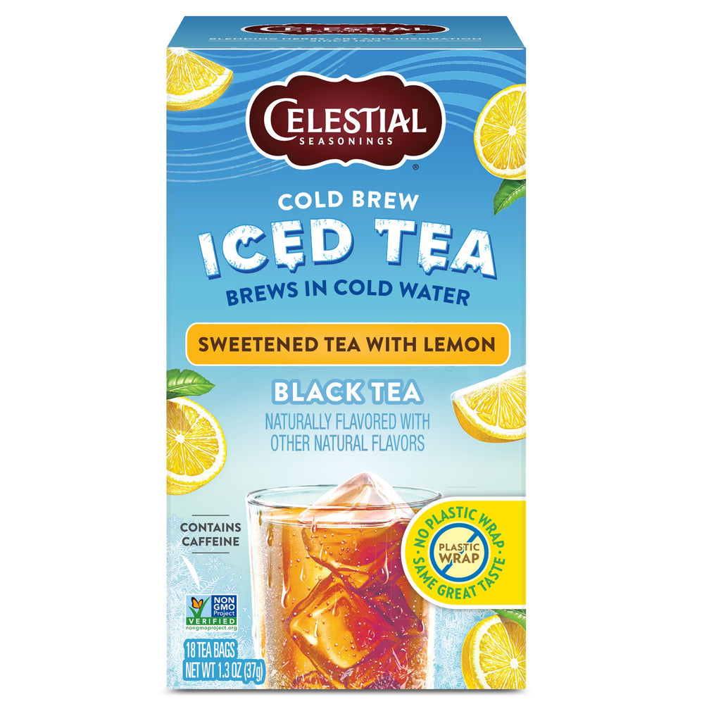 Celestial Seasonings cold brew lemon tea bags ready for quick, refreshing iced tea.