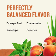 Sliced peaches beside Celestial Seasonings Country Peach Passion for an iced tea moment