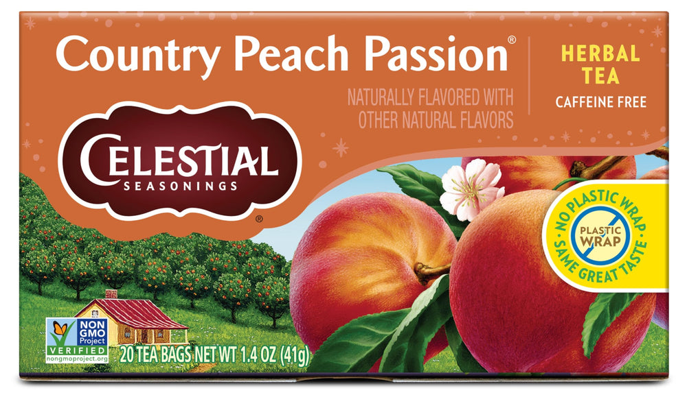 Celestial Seasonings Country Peach Passion tea bag ready to steep for a soothing afternoon