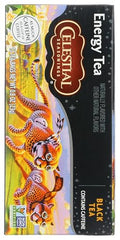 Celestial Seasonings Energy Black Tea pack emphasizes gluten-free, non-GMO options for mindful sipping.