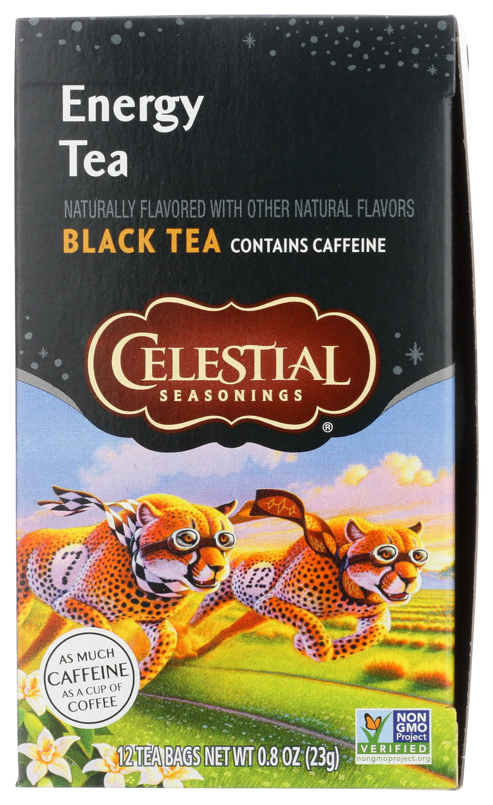 Celestial Seasonings Energy Black Tea bag highlights bold flavor to boost mornings.