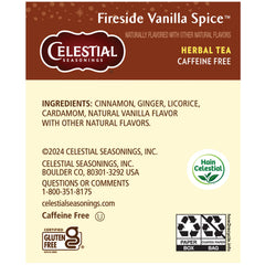 Celestial Seasonings Fireside Vanilla Spice tea bags ready for caffeine-free relaxation.