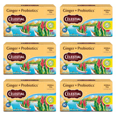 Celestial Seasonings Ginger + Probiotics tea cup with steam, ideal for digestion-friendly moments.
