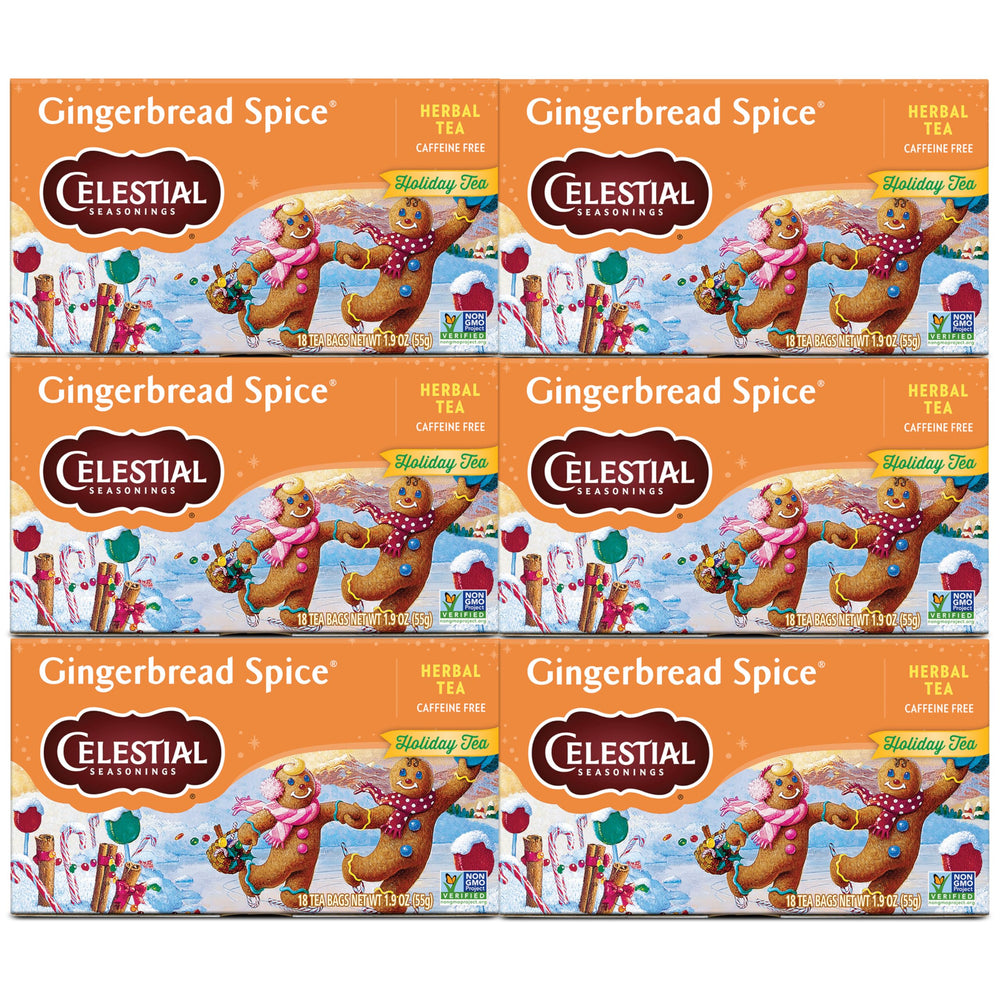 Celestial Seasonings Gingerbread Spice tea boxes on shelf invite a cozy ritual.