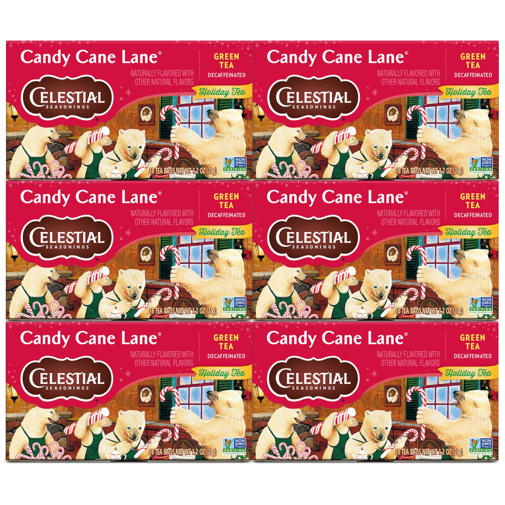 Celestial Seasonings green tea decaf Candy Cane Lane box shown for a caffeine-free unwind.
