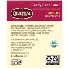 Celestial Seasonings decaf green tea Candy Cane Lane cup ready for a soothing evening.