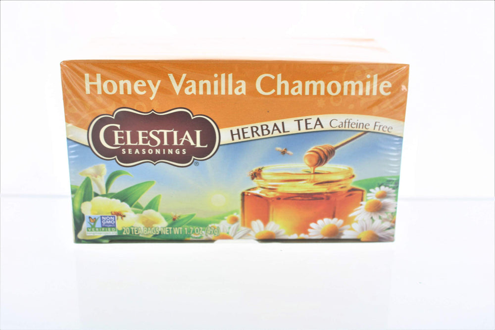 Celestial Seasonings Honey Vanilla Chamomile Tea boxes show calm, gift-worthy packaging.