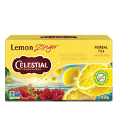 Celestial Seasonings Lemon Zinger tea bags show tangy lemon and hibiscus for a refreshing caffeine-free break.