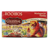 Celestial Seasonings Madagascar Vanilla Rooibos tea box showing premium caffeine-free herbal blend.