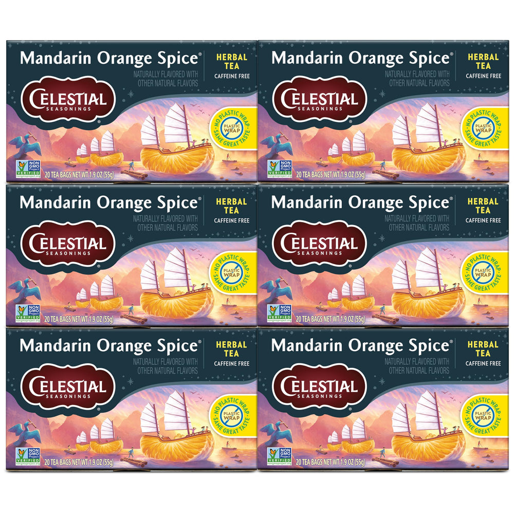 Celestial Seasonings Mandarin Orange Spice tea bags in a box, a caffeine-free herbal option for relaxing moments.