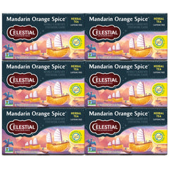 Celestial Seasonings Mandarin Orange Spice tea bags in a box, a caffeine-free herbal option for relaxing moments.