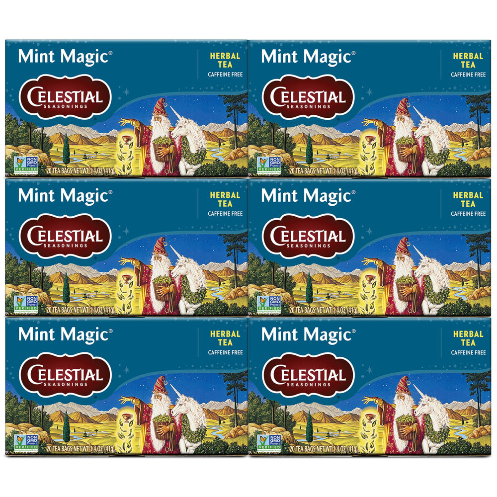 Celestial Seasonings Mint Magic tea bags ready for a caffeine-free refreshment.