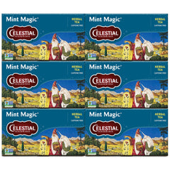 Celestial Seasonings Mint Magic tea bags ready for a caffeine-free refreshment.