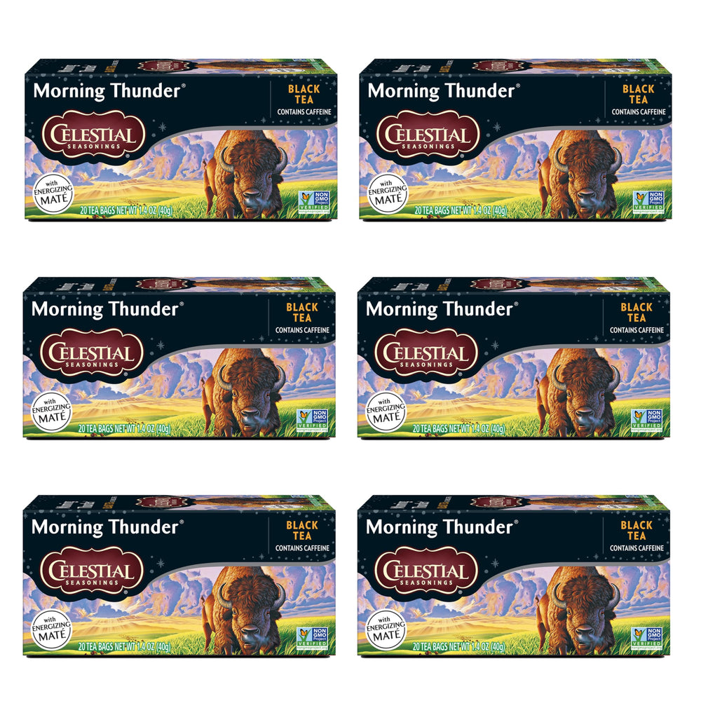 Celestial Seasonings Morning Thunder tea bags steeping for a caffeine boost.