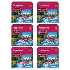 Celestial Seasonings Peppermint Tea box front showing six-pack for caffeine-free refreshment