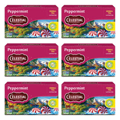 Celestial Seasonings Peppermint Tea leaves provide a caffeine-free, refreshing aroma.