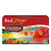 Celestial Seasonings Red Zinger tea bags in a pack, naturally caffeine-free.