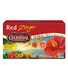 Celestial Seasonings Red Zinger tea bags in a pack, naturally caffeine-free.