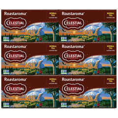 Celestial Seasonings Roastaroma box collection on shelf, caffeine-free coffee alternative.