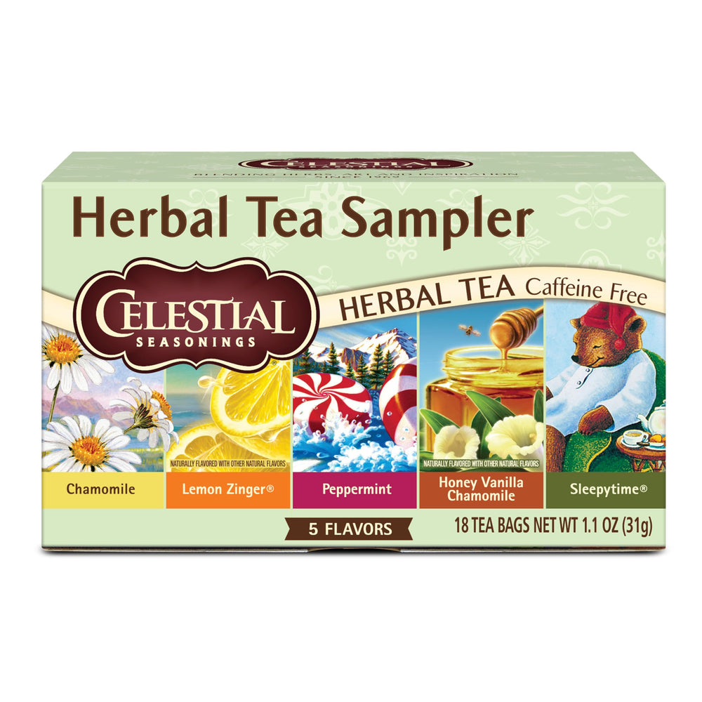Celestial Seasonings sampler box featuring caffeine-free herbal blends for soothing moments