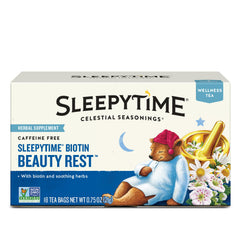 Celestial Seasonings Sleepytime Biotin Beauty Rest Tea box for winding down