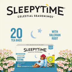 Celestial Seasonings Sleepytime Extra tea cup steeping captures soothing aroma and caffeine-free serenity