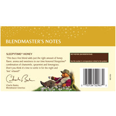 Sleepytime label closeup shows caffeine-free formula for relaxing evenings