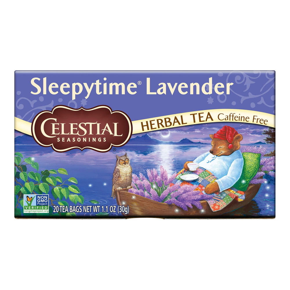 Celestial Seasonings Sleepytime Lavender tea bag in a cozy cup for relaxing evenings.