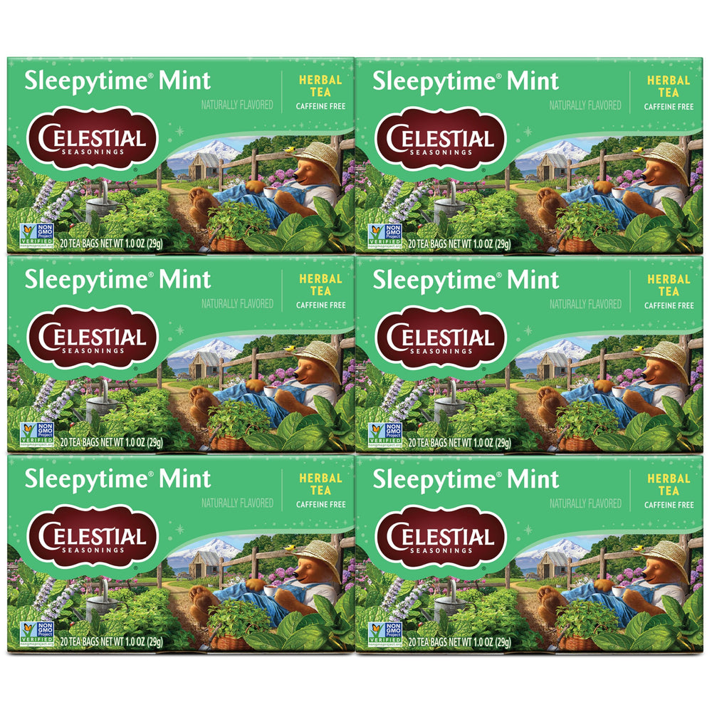 Celestial Seasonings Sleepytime Mint tea bags with calming chamomile and peppermint.