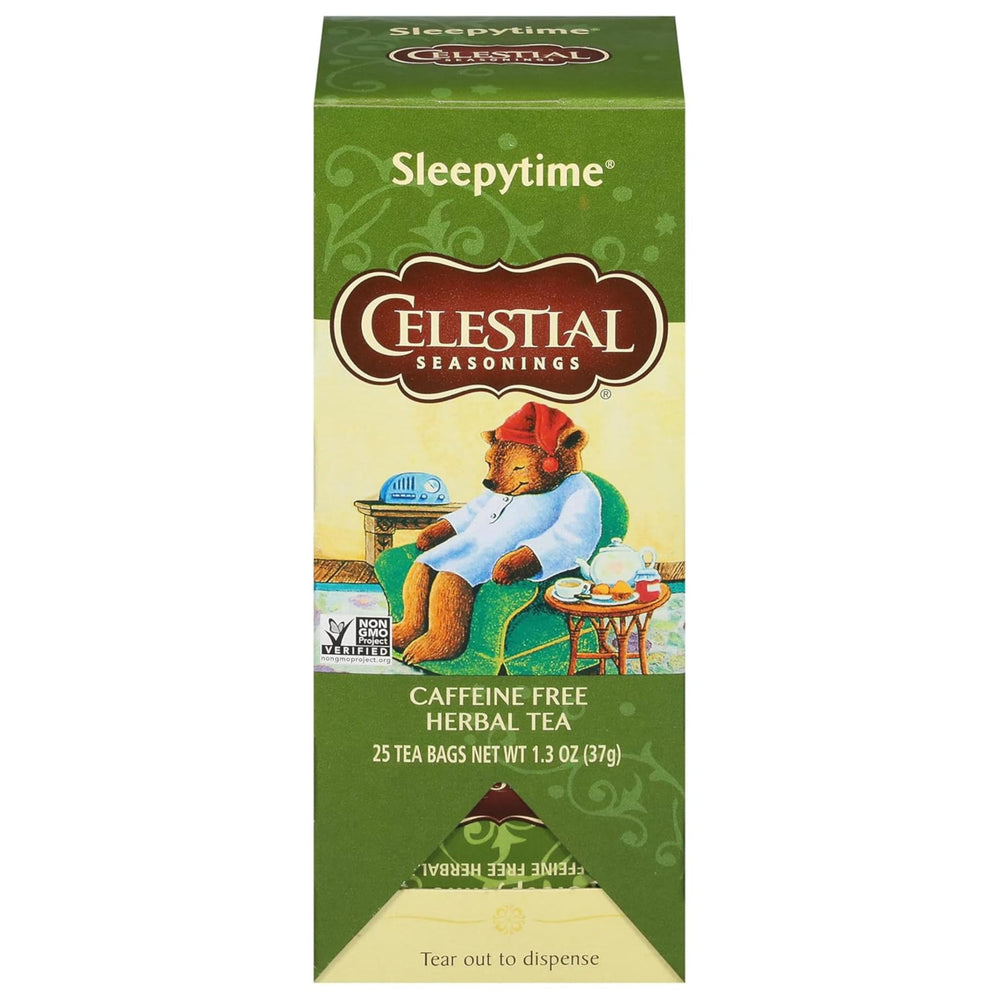 Celestial Seasonings Sleepytime tea box showing calming herbal blend for evening relaxation
