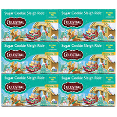 Celestial Seasonings Sugar Cookie Sleigh Ride box front showcasing festive herbal tea.