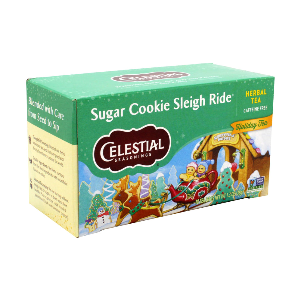 Celestial Seasonings Sugar Cookie Sleigh Ride tea bags in festive box for cozy mornings