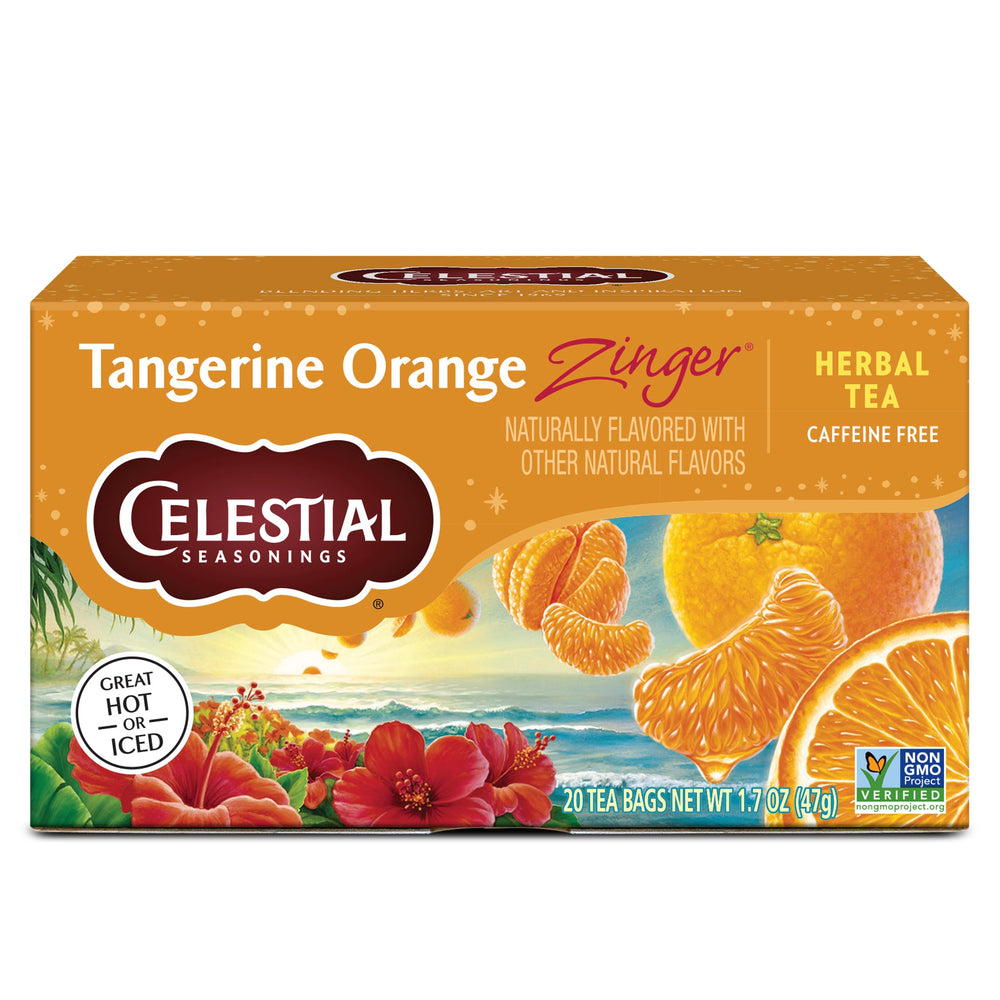 Celestial Seasonings Tangerine Orange Zinger box of tea bags ready for steeping