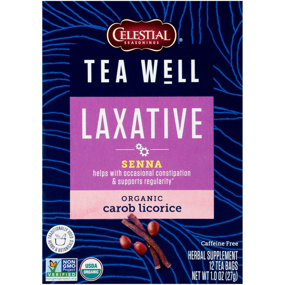 Celestial Seasonings TeaWell Organic Laxative box front highlighting digestive wellness concept.