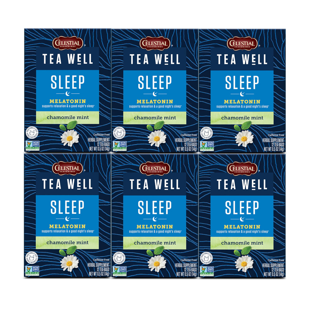 Celestial Seasonings TeaWell Sleep with Melatonin box front view for nightly relaxation.