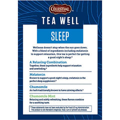 Celestial Seasonings TeaWell Sleep box beside a cup highlighting caffeine-free and gluten-free.