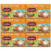 Celestial Seasonings Vermont Maple Ginger tea box closeup; caffeine-free comfort for cozy evenings